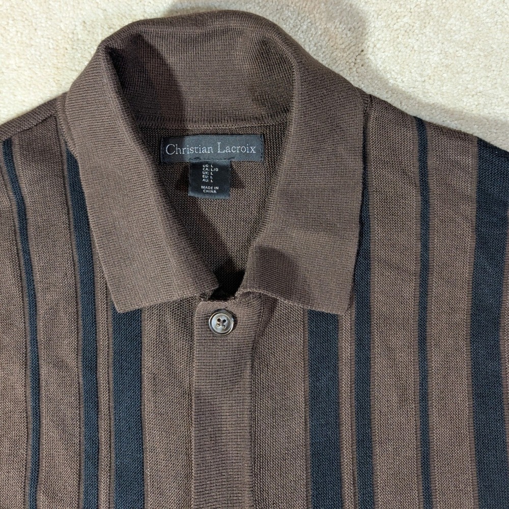Christian Lacroix Mens Brown Striped Button Down Sweater Polo Long Sleeve Large